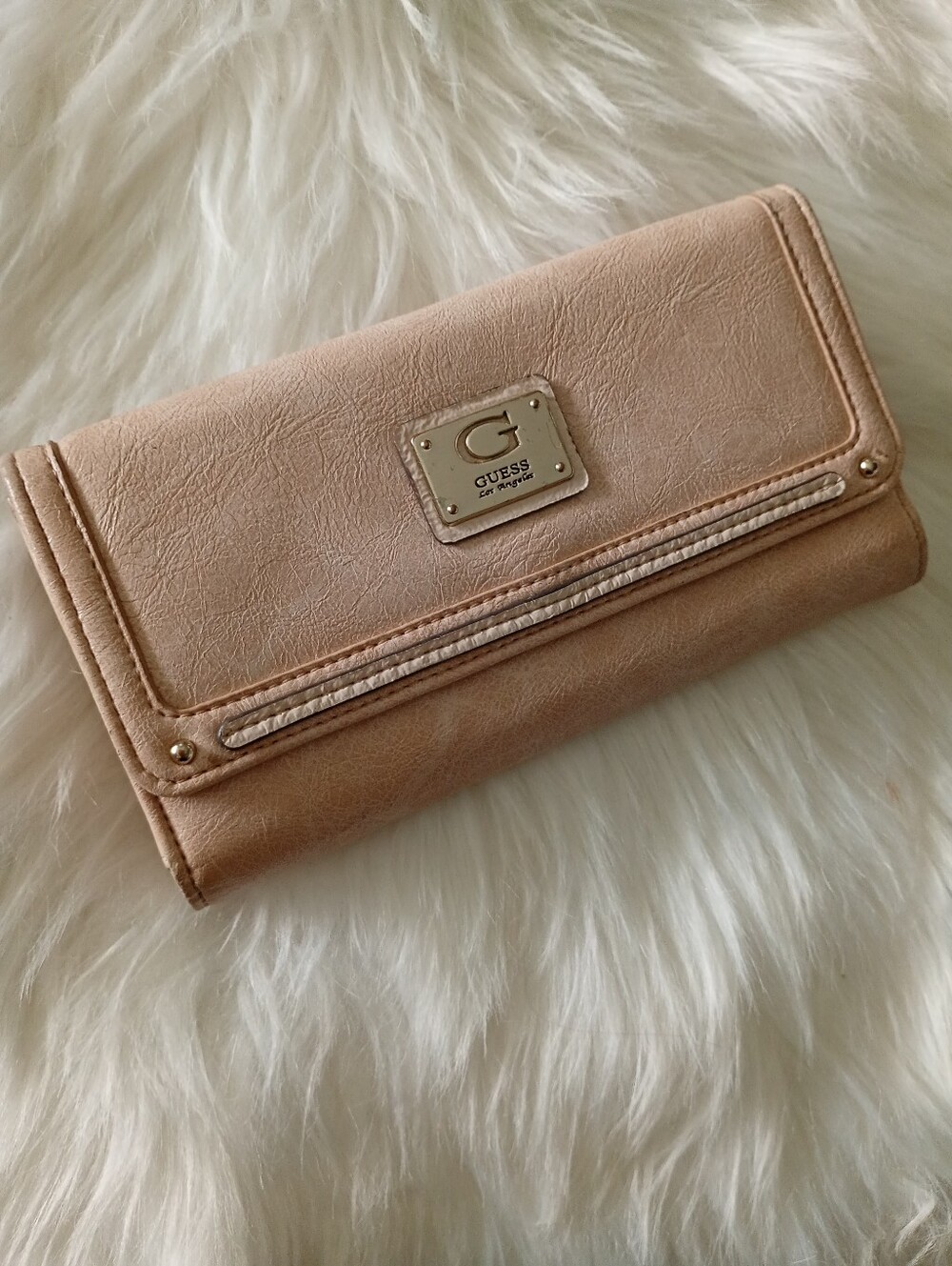 Guess Blush Tan Foldover Wallet with Gold Plaque